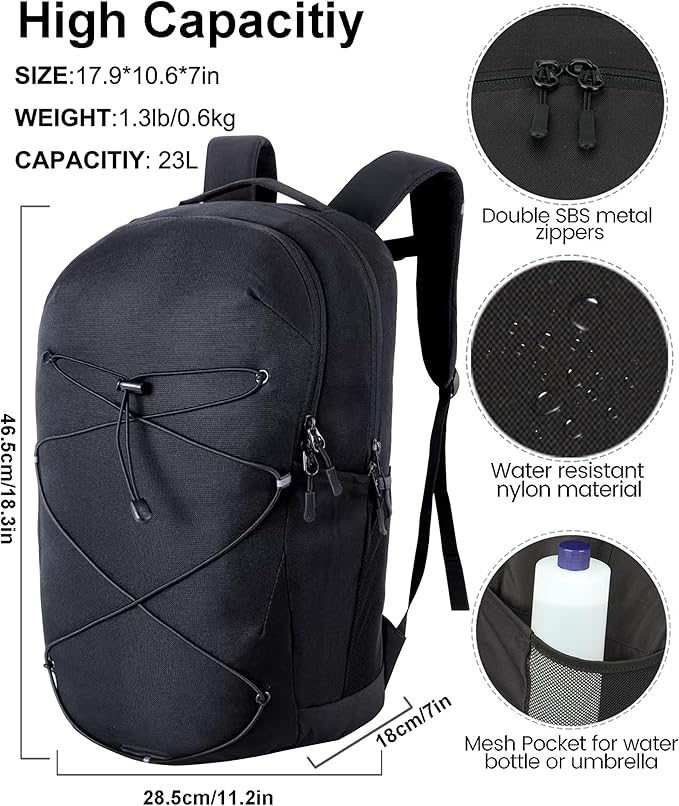 KEOFID Casual Backpack for Men and Women, Hiking Backpack for Travel, Black Daypacks for Sports, College, Water Resistant(Black)