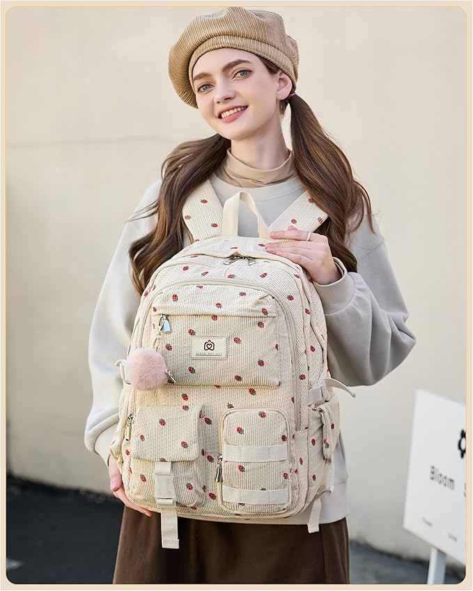 Hidds School Backpack for Teens Girls Women 15.6 Inch Laptop College Backpacks Corduroy Work Bag Kids Elementary Middle High Campus Bookbag Students Pack Travel Daypack Womens - Beige Strawberries