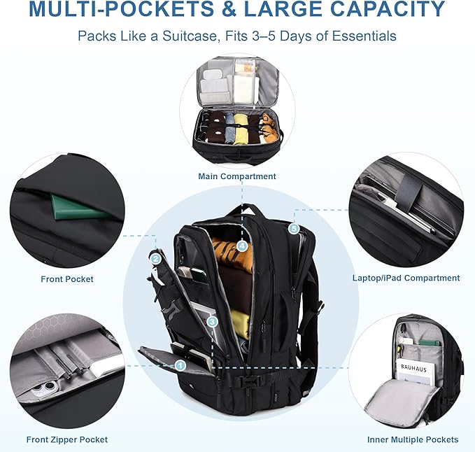 Carry On Travel Backpack, 35L-40L Expandable Extra Large Airline Approved,Lightweight Daypack for Men and Women（Black）