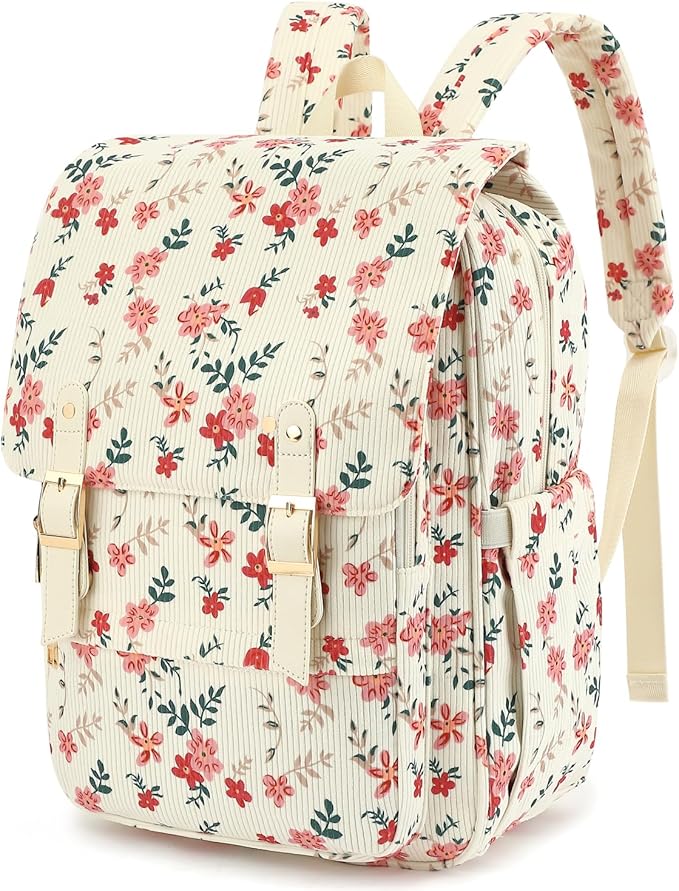 Corduroy Laptop Backpack for Women, Fits 15.6 Inch Computer Bag, College High School Bookbag Travel Daypack Purse, Work Business Bags - Beige Corduroy Flowers Pink