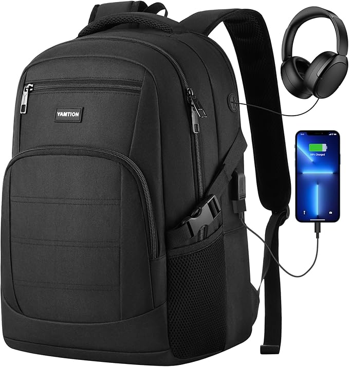 YAMTION Black Backpack for Men and Women, Laptop Backpack with USB Charging Port, School Backpack for Boys and Girls, Lightweight Bookbag, Work Backpack Fits 17.3 Inch Notebook