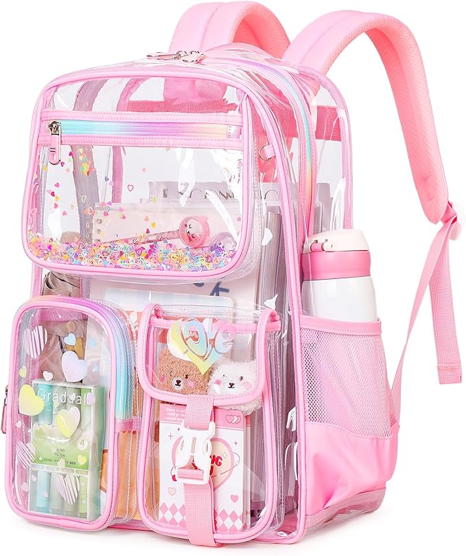 Clear Backpack for School,Heavy Duty PVC Transparent Bookbag for Girls Stadium Approved See Through Backpack