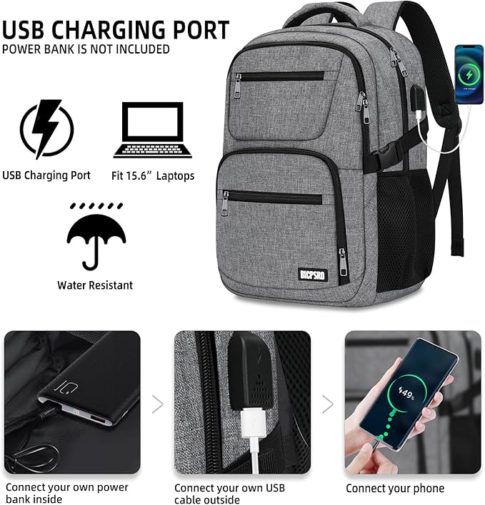 Backpack for Men Women, School Backpack for Boys Girls Teens, Work Business College Backpacks with USB Charging Port, Black Student Bookbag Fits 15.6 Inch Laptop with USB Charging Port, Gifts