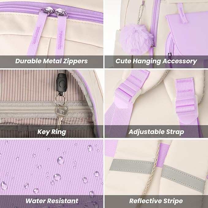 School Backpack for Teen Girls, Cute College Backpacks for Women Students Aesthetic Bookbag Large 15.6 Inch Laptop Bag Middle School Travel Back Pack (Purple Beige)