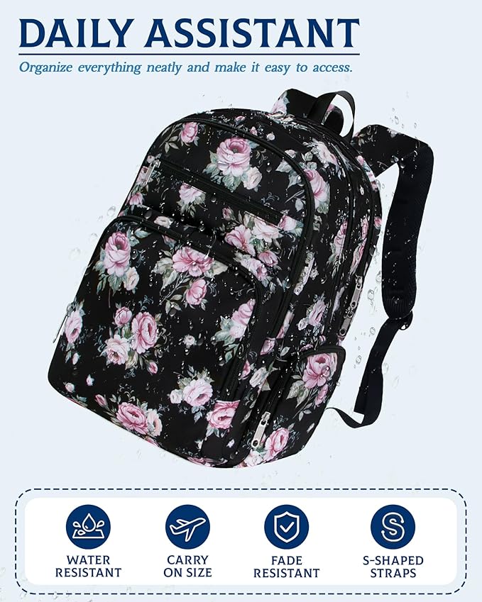 Large Backpack for Women Backpack with Lots of Pockets for Travel Work School Bookbag with Laptop Compartment for High School College Girls Mochilas Morrales para Mujer (Black/Pink, Floral)