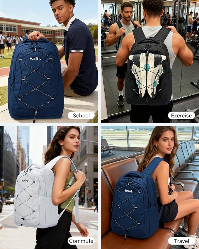 Travel Laptop Backpacks for Women Men, Large Work Backpack for Commuter College School Book Bags, Reflective Water Resistant Backpack with Luggage Strap Bottle Pocket Chest Strap, Navy Blue