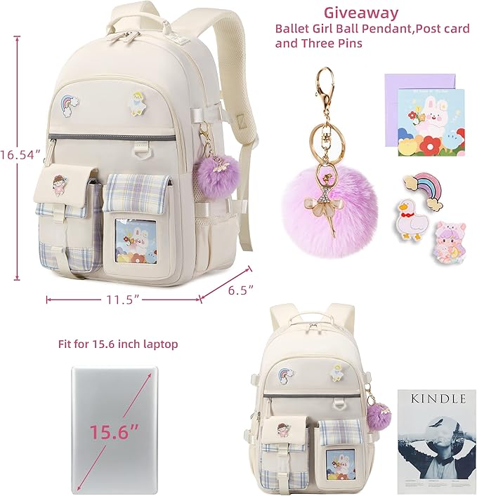 Backpack for Girls, 15.6 Inch Laptop School Bag Kids Kindergarten Elementary College Backpacks Large Bookbags for Teen Girl Women Students Casual Travel Daypacks (Beige)