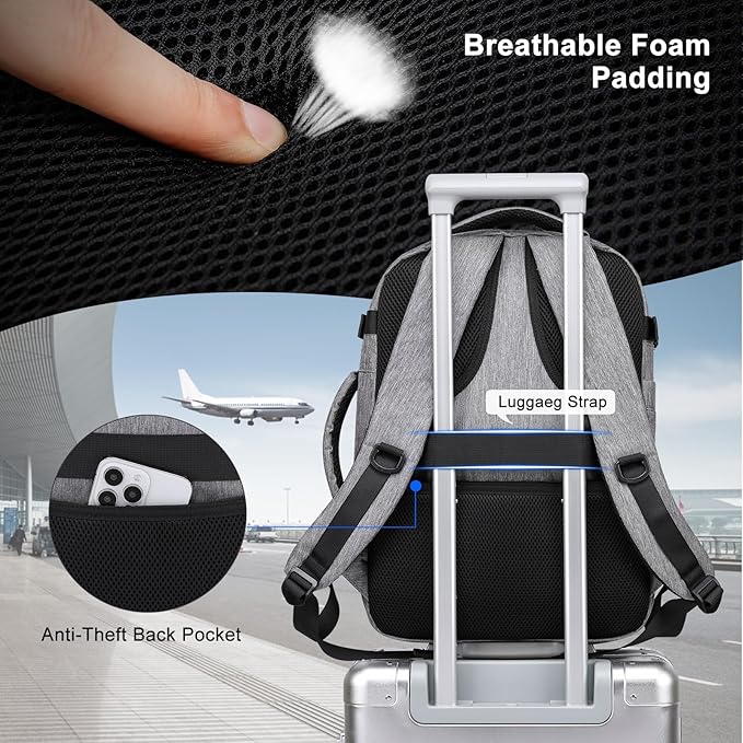 Asenlin Travel Backpack for Women Men,Flight Approved Carry On Luggage 30L Water Resistant Business Mochila Work Laptop Backpacks Fits TSA 15.6 Inch Computer College Weekender Outdoor Hiking-Grey