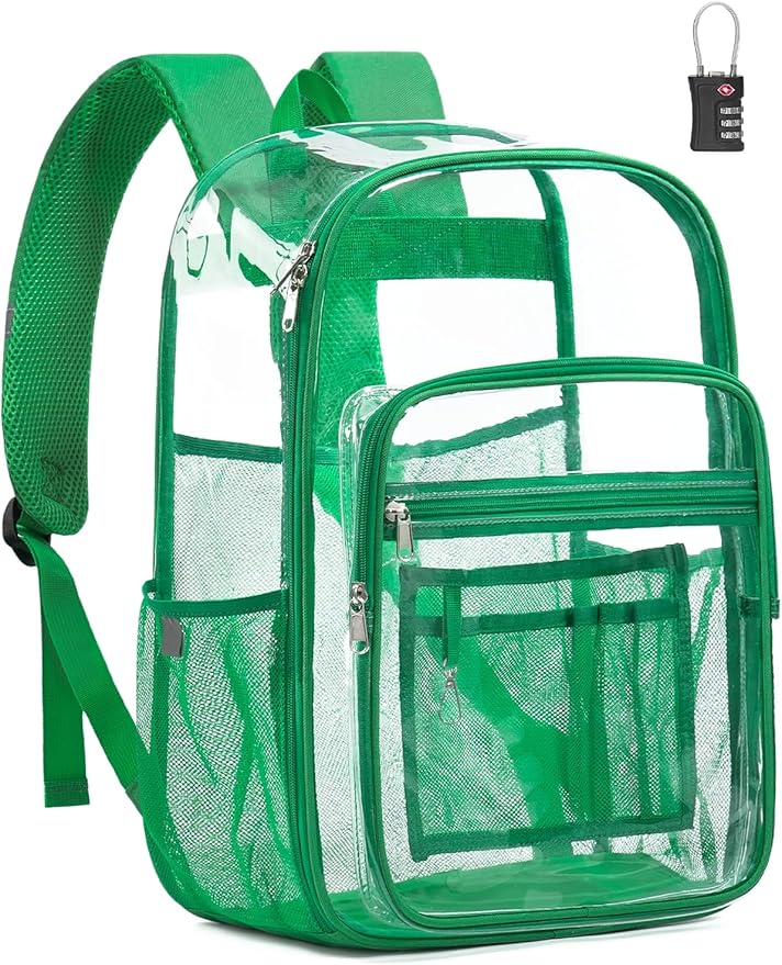 Extra Large Clear Backpack with TSA Lock, Heavy Duty Transparent See Through Clear Bookbag for College, Work, Travel, Casual Sport, Green