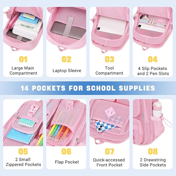 MOONBABY Mesh Backpack for School Heavy Duty See Through Net Bookbag Girls Semi-Transparent Net Back Pack for Beach, Swimming, Sports, Work, Travel (Pink)