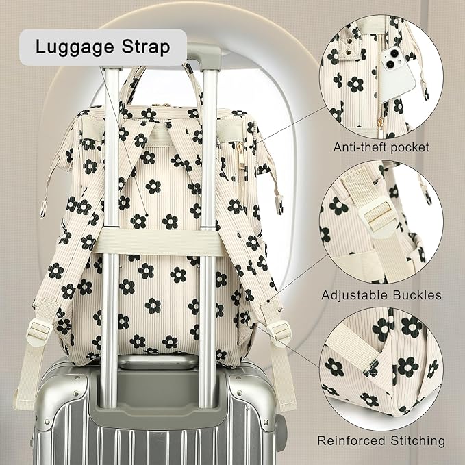 Laptop Backpack for Women, Corduroy College School Backpack Bookbag 15.6 inch Business Computer Travel Backpack (Flowers)