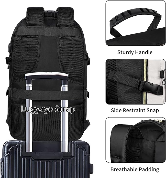 GAEKEAO Travel Backpack For Women Men Airline Approved 16 Inch Carry On Backpack with USB Charging Port Lightweight Casual Daypack for Hiking Business College Black with Beige