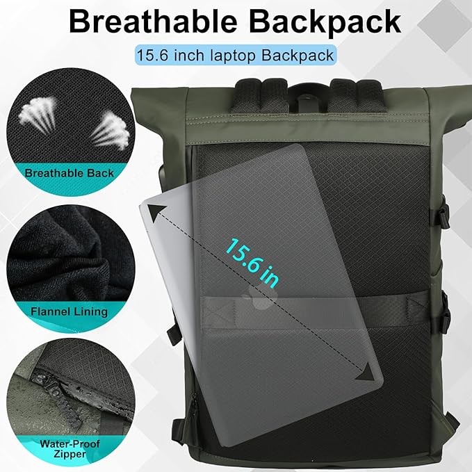 Roll Top Backpack, Waterproof Travel Backpack for Men Women, Expandable Casual Daypack for 15.6 Inch Laptop, Large Capacity Adjustable 18-27L Commute Laptop Backpack for Work Business College-Green