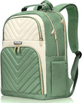 Travel Laptop Backpack for Women Men, 15.6 Inch Quilted Work Backpack Purse, School Backpack for Teens Girls Boys, Large Teacher Student Bookbags, Casual Daypacks, Beige & Green