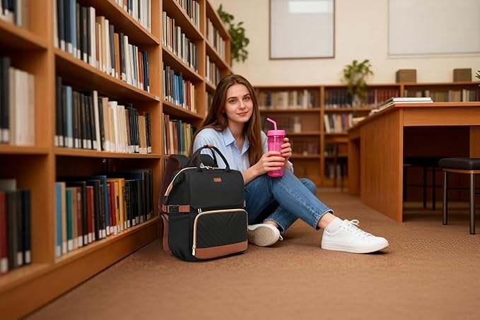 17.3in Computer Backpack for Women, Work Bag Laptop Bookbag with Cup Holder & USB Charger for Teacher Nurse College Travel Back Pack, Gifts, Black Brown