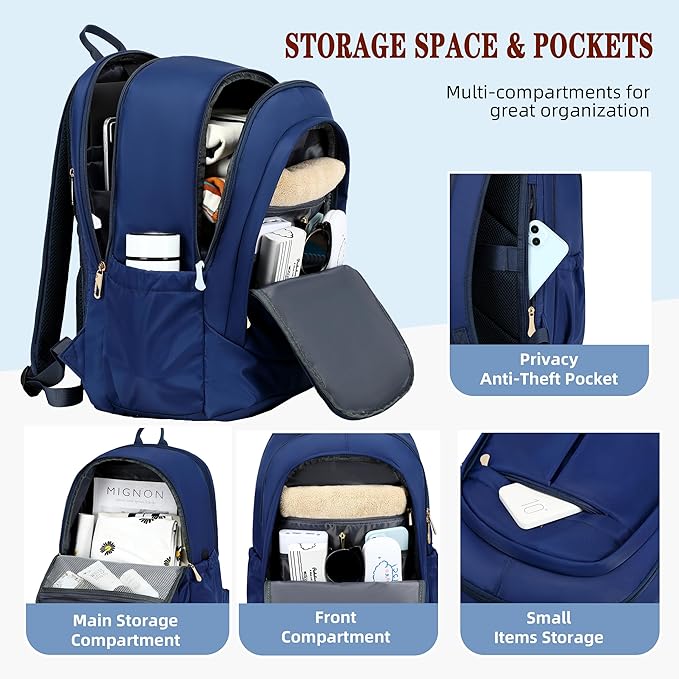 Travel Laptop Backpack for Women 15.6 Inch Computer Backpacks with USB Charging Hole Anti Theft Carry on Bag College Bookbag Large Blue Back Pack for Work Business Traveling Commuter Daypack-Blue