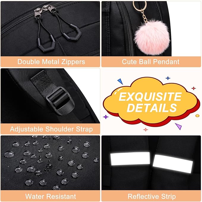 School Backpack for Teen Girls & College Women - Anti-Theft & Water Resistant 17.3 Inch Laptop Mochilas Bookbag - Large Ergonomic Straps Backpack, Classic Black
