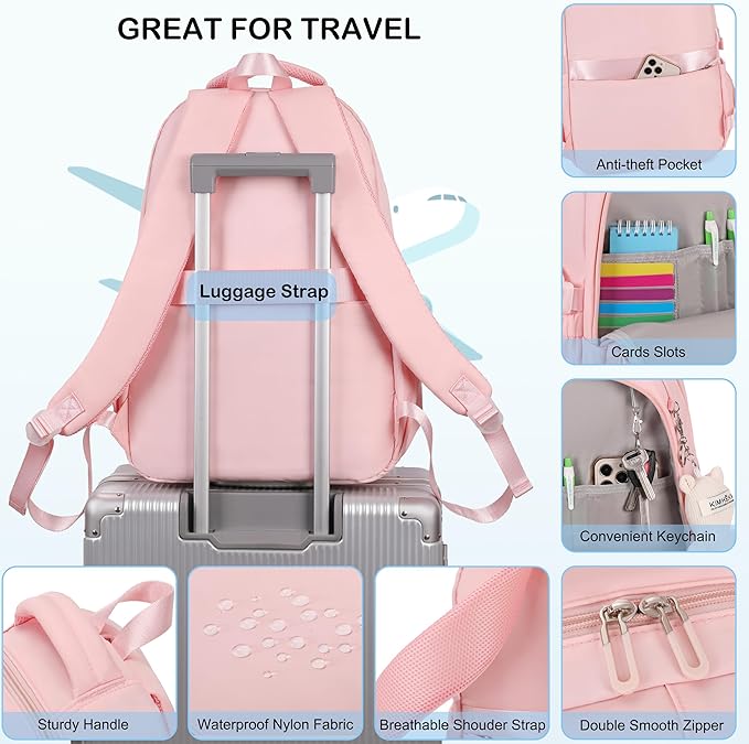 Hidds College Backpack Laptop Backpacks 15.6 Inch for Men Women Elementary Middle High School Book Bag For Teens Girls Boys Student Anti Theft Travel Daypack Large Bookbags-Pink