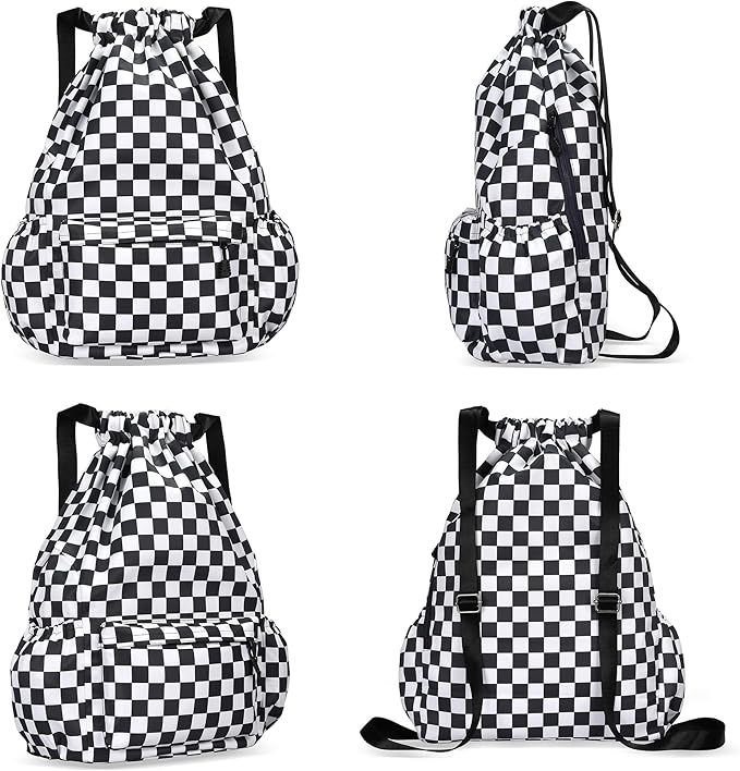 Drawstring Backpack for Women Drawstring Gym Bag Water Resistant Small Cinch Sack Pull String Backpack Bag (Checkered-Black)