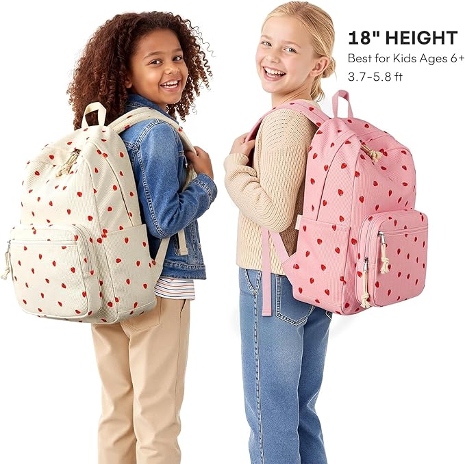 mibasies School Backpack for Girls with Laptop Sleeve: 18IN Large Capacity Corduroy Bookbag for Primary Middle School/College, Travel Daypack for Teens Women - Red Strawberry