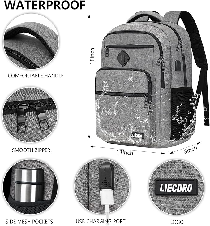 School Backpack for Boys Girls Teens, Grey Backpack for Men Women, 15.6 inch Laptop Back Pack with USB Charging Port, Backpacks for School Business Work College Travel, College Book Bag, Bookbag