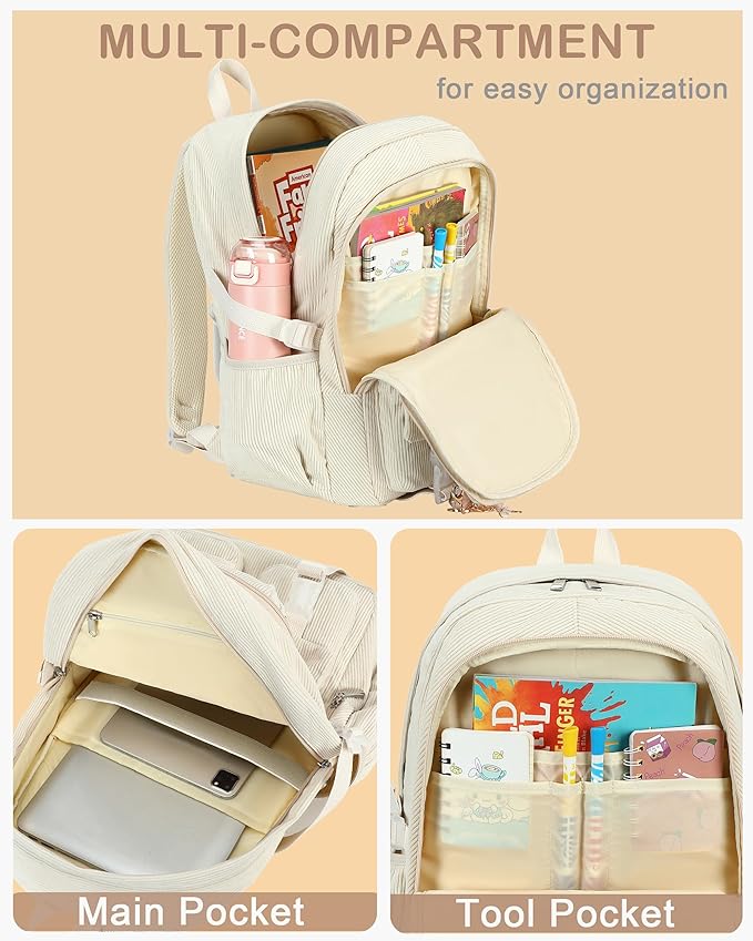 Hidds School Backpack for Teens Girls Women 15.6 Inch Laptop College Backpacks Corduroy Work Bag Kids Elementary Middle High Campus Bookbag Students Back Pack Anti Theft Travel Daypack Womens - Beige