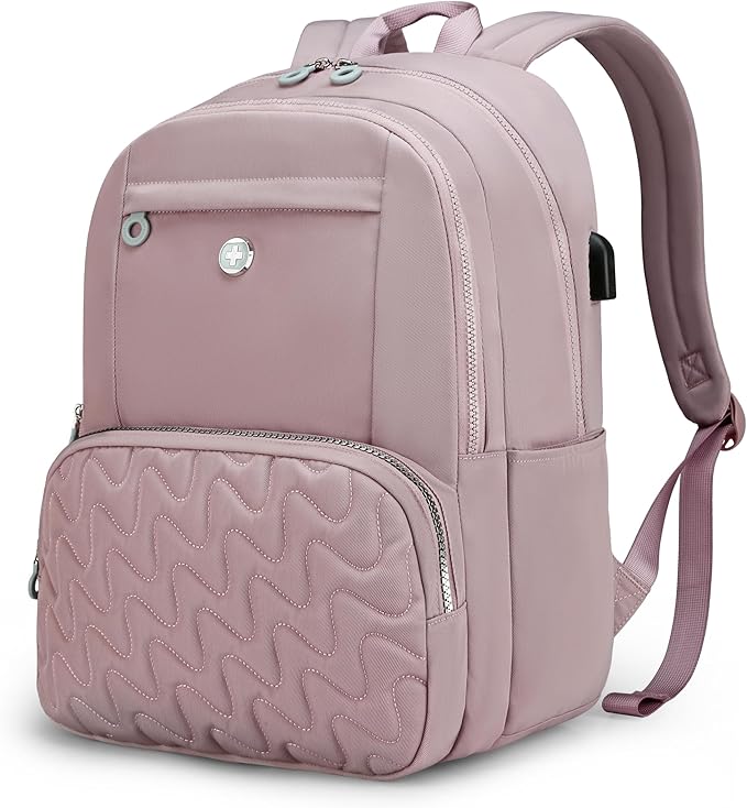 Swissdigital Design Backpack for Women, 15.6 inch Laptop College Pink Medium Simple Modern Backpacks for School with USB Charging Port for Womens Girls | SD1711-82
