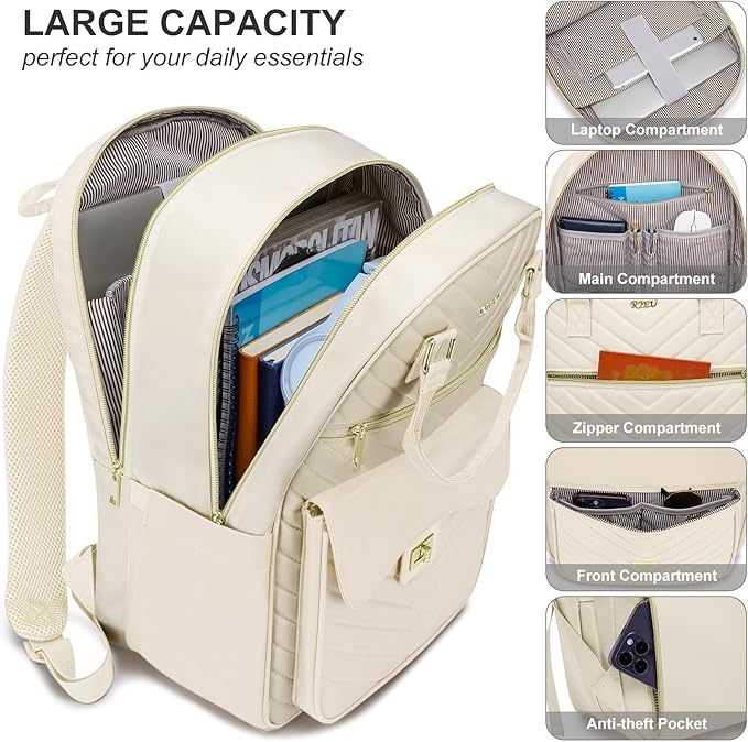 Cute Aesthetic Backpack for School Middle High,Teen Girls Schoolbag College Student,Laptop Backpack Women for Travel Work,Mochilas Escolares,Beige