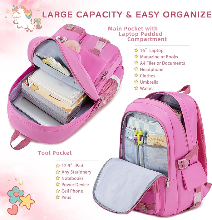 Backpack for girls Laptop Backpacks 15.6 Inch College Cute Bookbag Anti Theft Primary Elementary School Bag Casual Daypack for Teens Girls Women Students （Rose