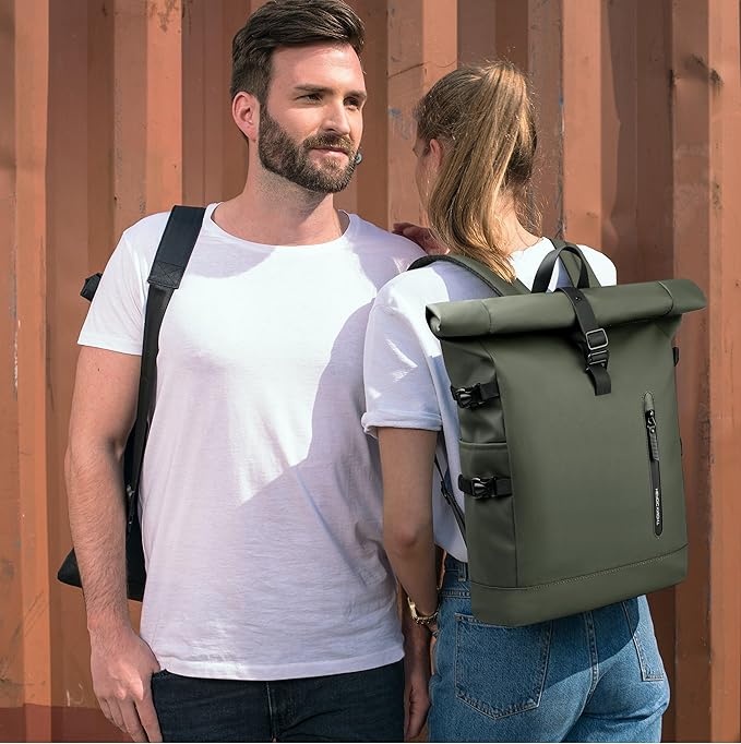 Roll Top Backpack, Waterproof Travel Backpack for Men Women, Expandable Casual Daypack for 15.6 Inch Laptop, Large Capacity Adjustable 18-27L Commute Laptop Backpack for Work Business College-Green