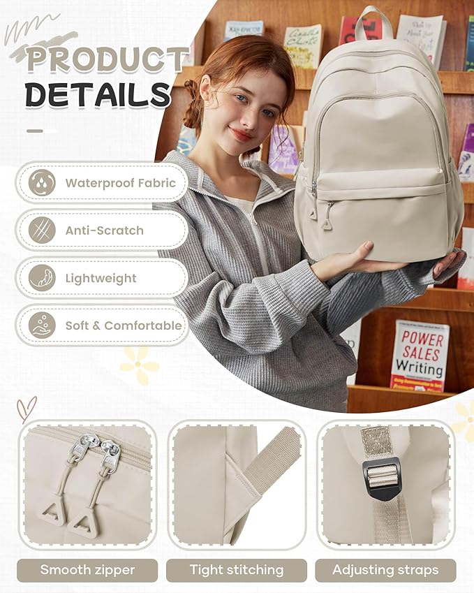 BJLFS Khaki School Backpack for Girls Women Waterproof High School Book Bag Cute Backpack for Men Teens Boys, Lightweight Simple Middle School Back Pack Daypack