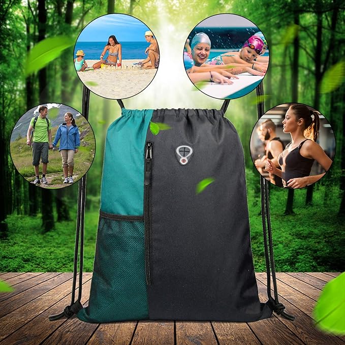 Drawstring Backpack Sports Gym Bag for Women Men Large Lightweight Backpack with Zipper and Water Bottle Mesh Pockets (Black/Teal)