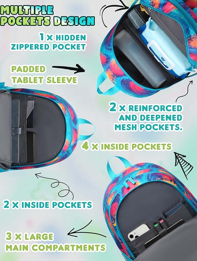 BLUEFAIRY High School Backpack for Girls Boys Middle School Bookbag for Kids Back to School Bag for College with Large Compartment Casual Daypack Mochilas para Niñas Adolescentes 18" Tie Dye Teal