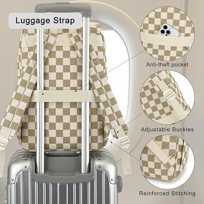 Corduroy Travel Backpack for Women, 15.6 Inch College Laptop Backpack, Fashion School Bookbag Work Backpacks (Corduroy Checkered Khaki)
