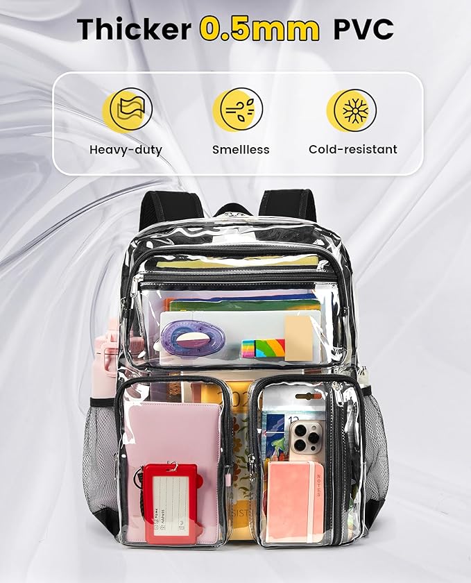 Vorspack Clear Backpack Heavy Duty - Extra Large Clear Bookbag Transparent See Through Backpacks for College Work Festival - Black