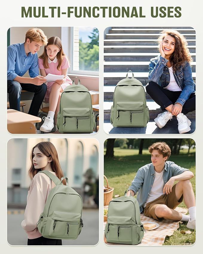 School Backpack for Girls Boys Bookbag Cute Aesthetic College Backpack Women Middle High School Teen Students Book Bag Lightweight Gym Work Laptop Casual Daypack Backpacks Men Green