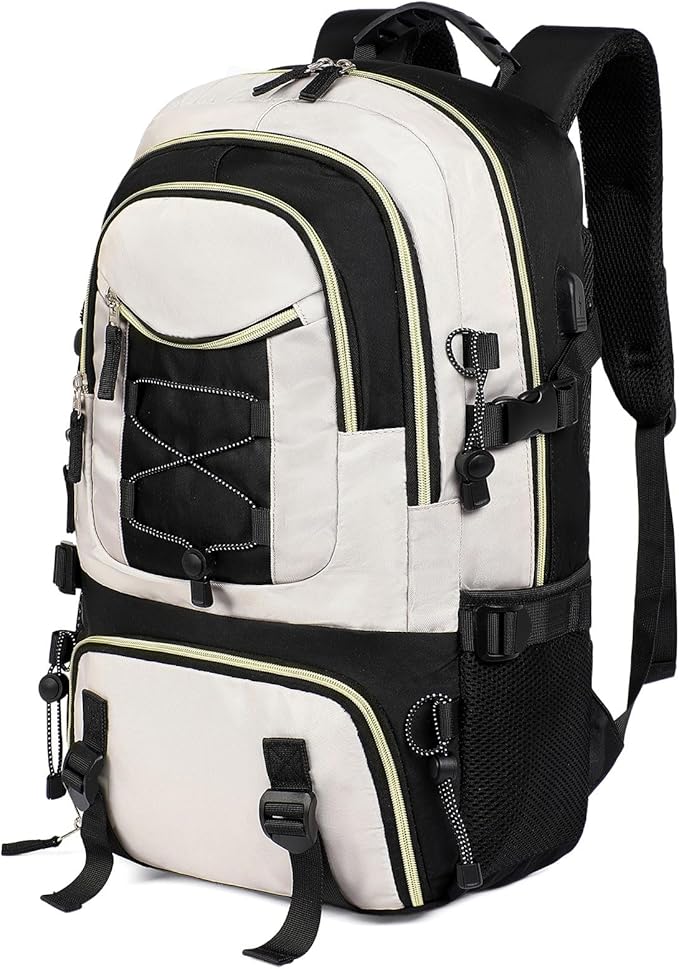GAEKEAO Travel Backpack For Women Men Airline Approved 16 Inch Carry On Backpack with USB Charging Port Lightweight Casual Daypack for Hiking Business College Black with Beige