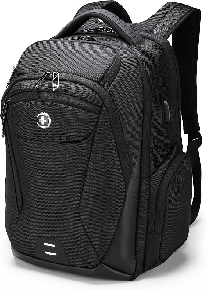 Swissdigital Design Men's Laptop Backpack for College and Business Travel with Integrated USB Charging Port and RFID Protection Fits Laptops up to 15.6 Inch, Black | SD1695-01