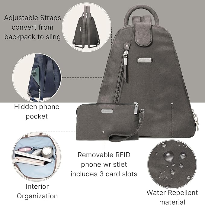 Baggallini Metro Backpack with RFID Phone Wristlet - 9x11 Convertible Sling Bag for Women with Adjustable Shoulder Straps
