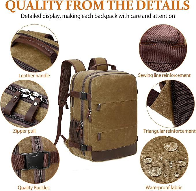 BOVIP Travel Backpack for Men Carry On Backpack Flight Approved Personal Item Backpack, 18.4 inch Laptop Backpack Casual Daypack Weekender Business Hiking Backpack, Brown