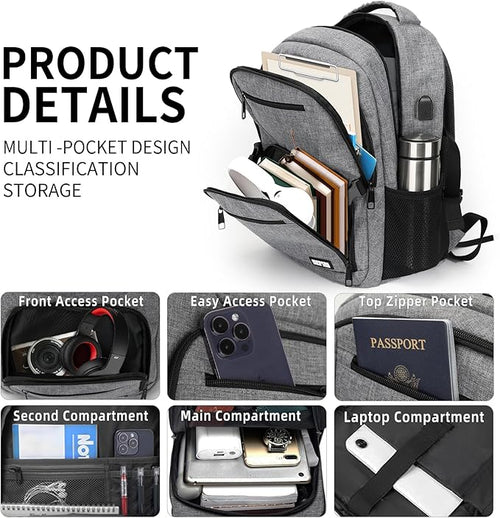 Backpack for Men Women, School Backpack for Boys Girls Teens, Work Business College Backpacks with USB Charging Port, Black Student Bookbag Fits 15.6 Inch Laptop with USB Charging Port, Gifts