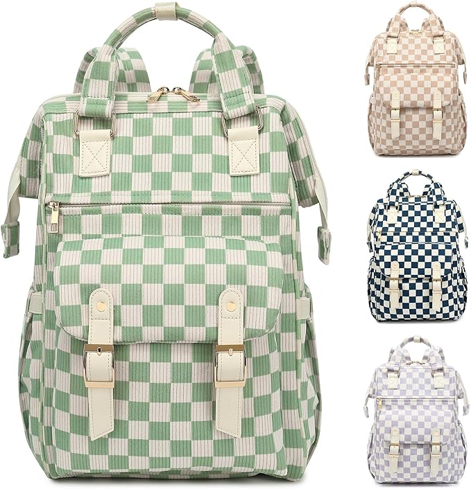 Corduroy Laptop Backpack for Women 15.6 Inch Stylish College School Bookbag, Business Work & Travel Computer Backpacks (Checkered Green)