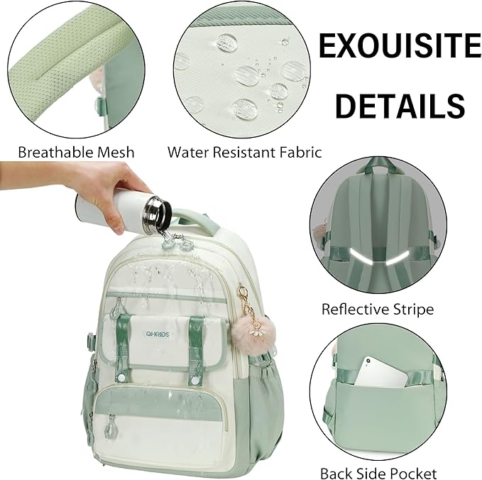 School Backpack for Girls, Laptop Backpack 15.6 Inch Kids Elementary Middle High School Bag Anti Theft Cute College Bookbags for Teens Girls Women Students Casual Travel Daypack,Green Beige