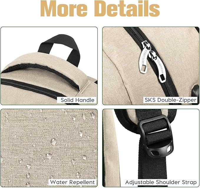 YAMTION School Backpack with USB Charging Port for Laptop College Travel Work Office Teens Beige Beige 15.6 Inches