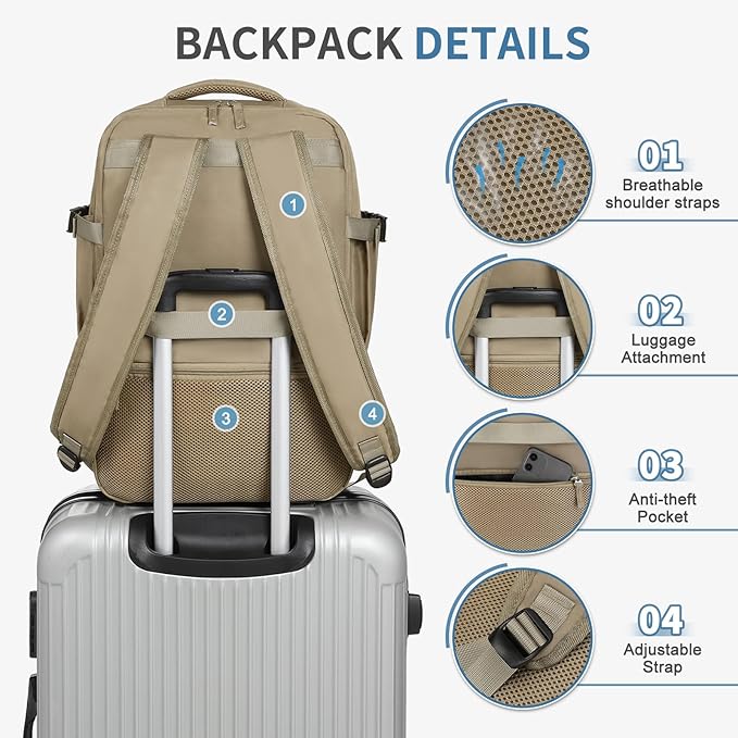 Travel Backpack for Men Women, 35L Laptop Backpack W/Shoe Compartment, Water Resistant Flight Approved Fits 15.6-inch Laptop, Khaki