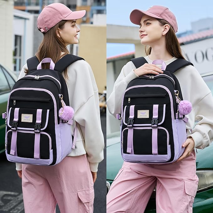 3 PCS Backpack for Teen Girls,Laptop Backpacks 15.6 Inch School Bag with Lunch Box Pencil Pouch Set for Students Aesthetic College Bookbag Travel Daypack(Black Purple)