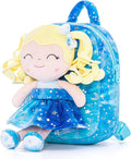 Gloveleya Toddler Backpack Baby Girl Gifts Plush Curly Girl Doll Backpacks Blue Dress with Glitter Stars 9 inches