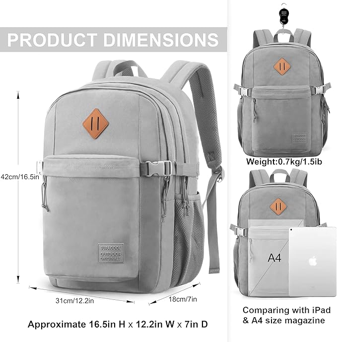 SUPACOOL Casual Backpack For School, Classical Travel Backpack for Men and Women, Bookbag for Boys, Girls and Kids, Laptop Compartment(Light Grey)