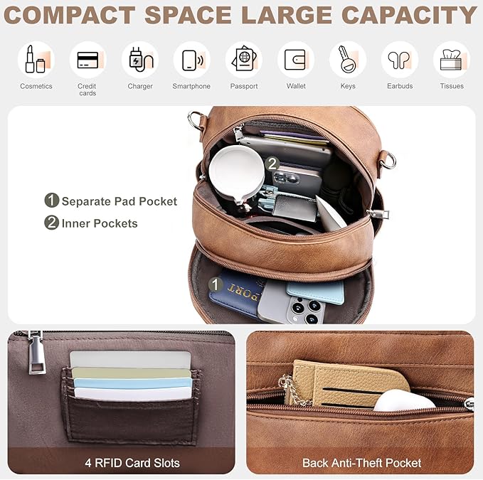 Small Backpack Purse for Women, Mini Backpack Vegan Leather with RFID Blocking & Tablet Pocket, Cute Shoulder Handbag for Travel, School & Work Brown