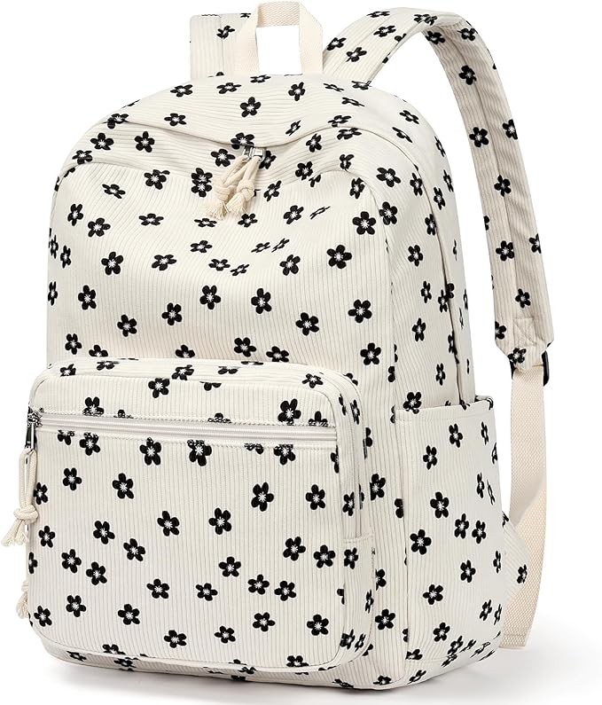 mibasies School Backpack for Girls with Laptop Sleeve: 18IN Large Capacity Corduroy Bookbag for Primary Middle School/College, Travel Daypack for Teens Women - Black Flower